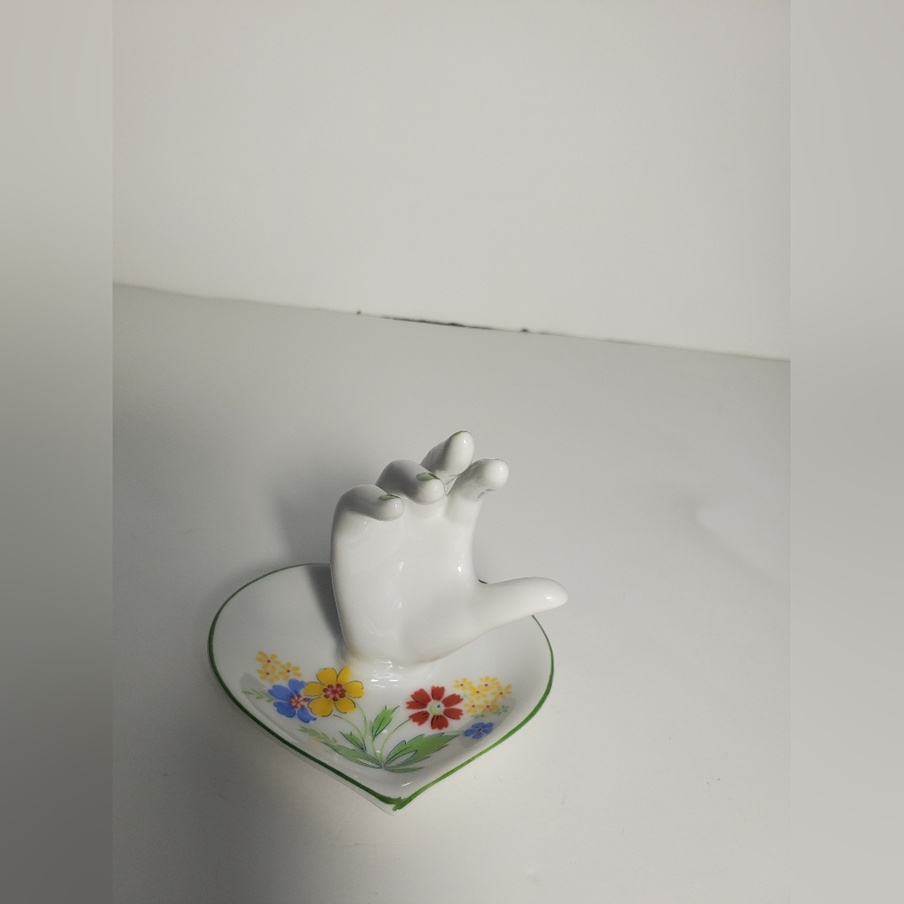 Vintage Porcelain Hand Figurine Trinket Dish Heart Shape Mid Century Vanity Deco